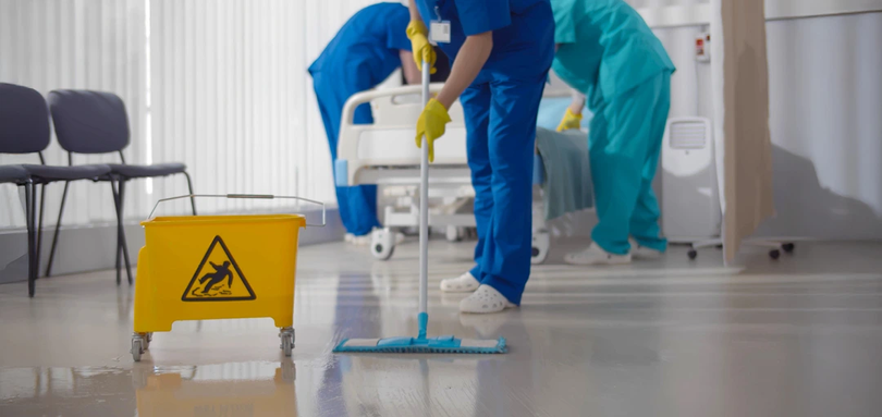 Reinigungspersonal reinigt Zimmer im Krankenhaus. 