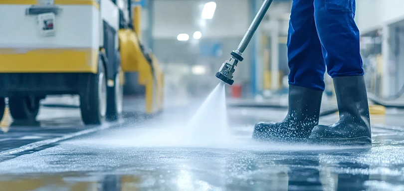 Reinigung von Industrieboden mit Wasser. 