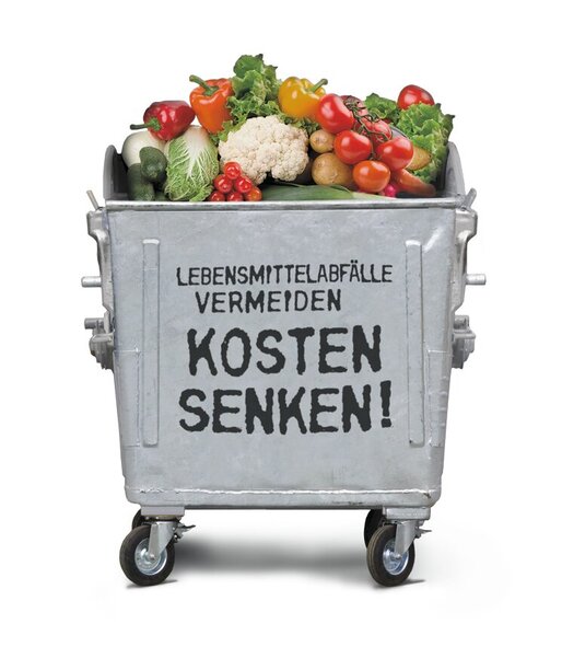 Bio-Mülltonne mit Schriftzug "Lebensmittelabfälle" vermeiden