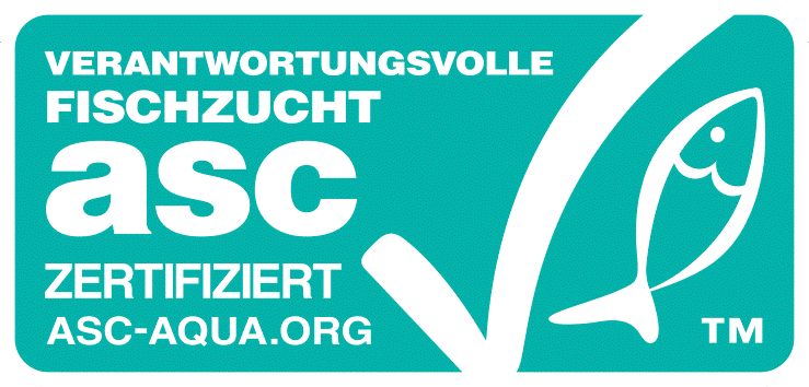 Die deutsche Version des Logos für die ASC-Zertifizierung für verantwortungsvolle Fischzucht.