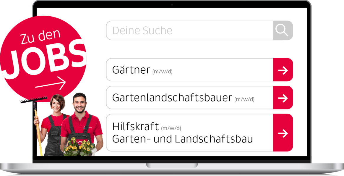 Darstellung der Dussmann-Jobsuche auf Laptop-Mock-up inkl. roten Icons mit Schriftzug „Zu den Jobs“ und Abbildung von zwei Dussmann-Mitarbeitenden aus Grün- und Außenanlagenpflege.