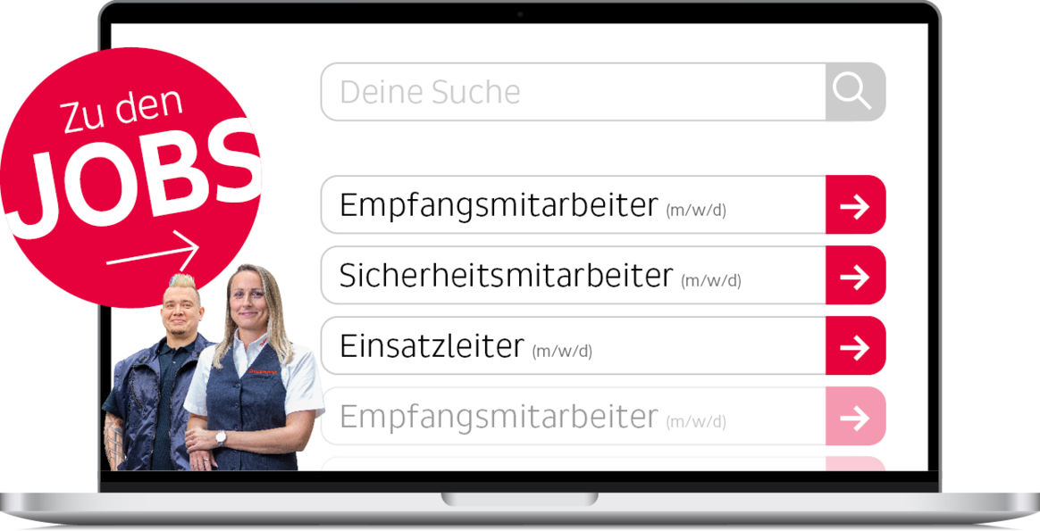 Darstellung der Dussmann-Jobsuche auf Laptop-Mock-up inkl. roten Icons mit Schriftzug „Zu den Jobs“ und Abbildung von zwei Dussmann-Mitarbeitenden aus dem Arbeitsbereich Sicherheitsdienst.