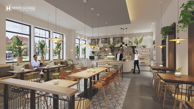 Rendering der Inneneinrichtung von Dussmann-Gastronomie im Airport Center in Hamburg  | © Hinsche Gastro Design